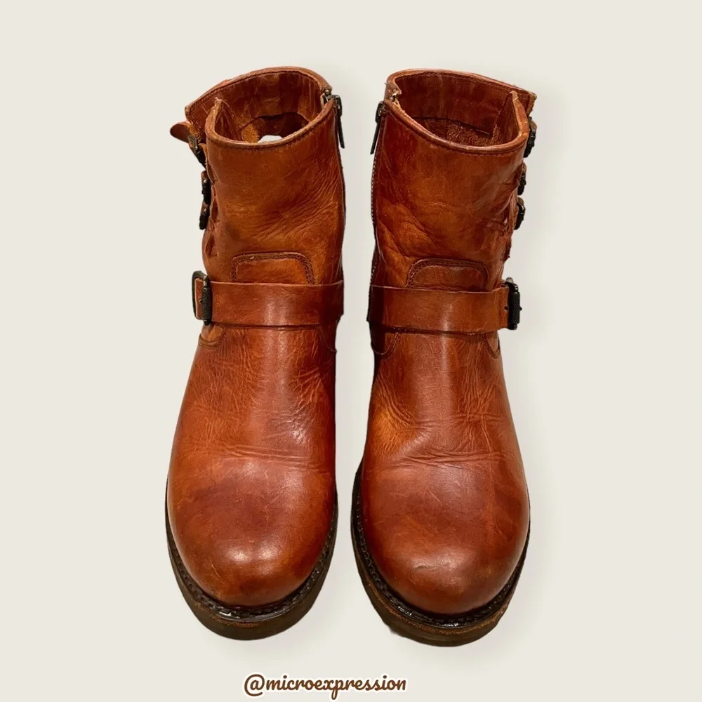 $389 Veronica Short Belted Cognac Leather Fringe Moto Vintage Combat Ankle Boot - Picture 9 of 16